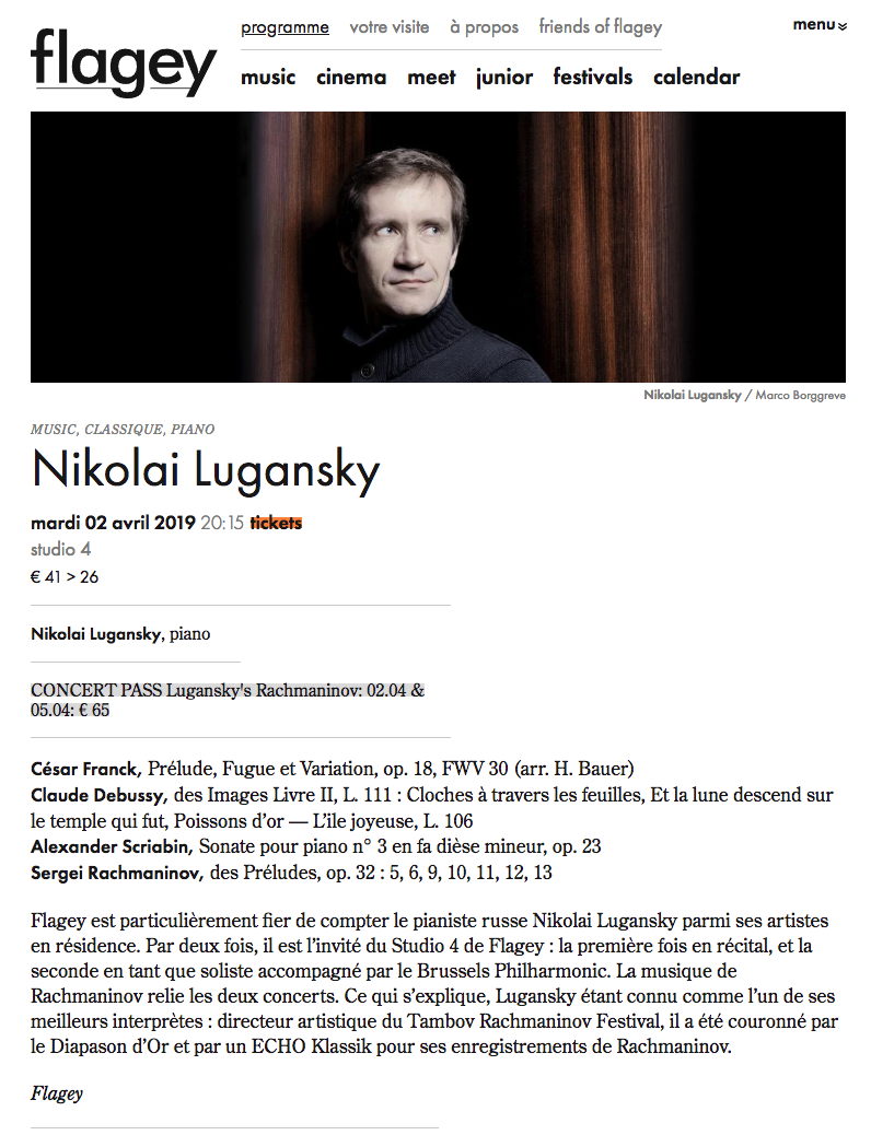 Page Internet. Flagey. Brussels Philharmonic, Nikolai Lugansky. Rachmaninov - a tribute. 2019-04-02